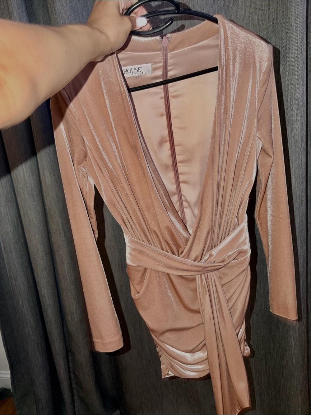 House of CB Blush Velvet Long Sleeve Wrap Mini Dress